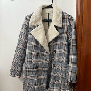 Zara Basic Plaid and Cream Sherpa Coat